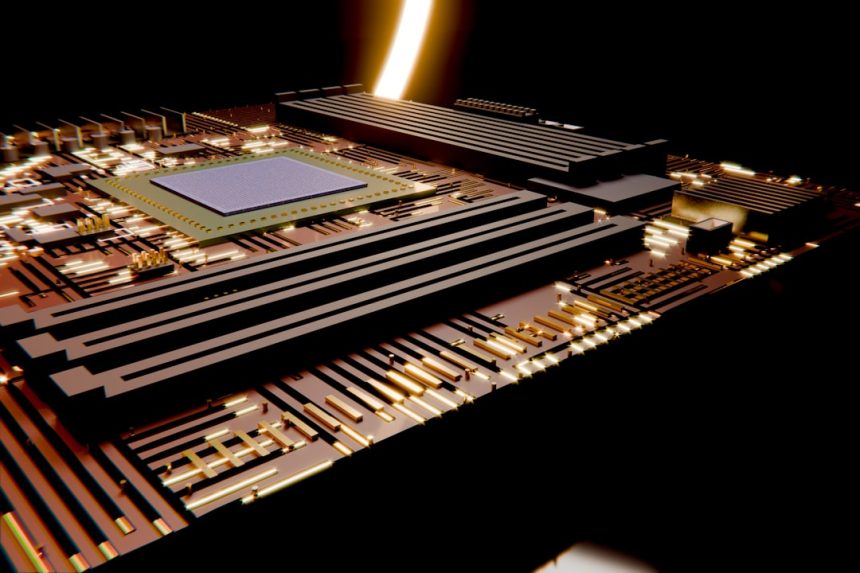 Close-up of a semiconductor circuit board illuminated by warm golden light, symbolising the Qualcomm-AWS AI chip partnership