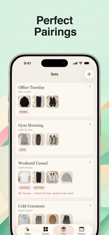 Wear It app screenshot showing saved outfit sets