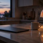 A calm, editorial lifestyle photograph of a laptop closed on a kitchen counter at dusk, beside a steaming mug and a sing…