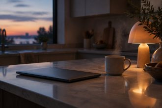 A calm, editorial lifestyle photograph of a laptop closed on a kitchen counter at dusk, beside a steaming mug and a sing…