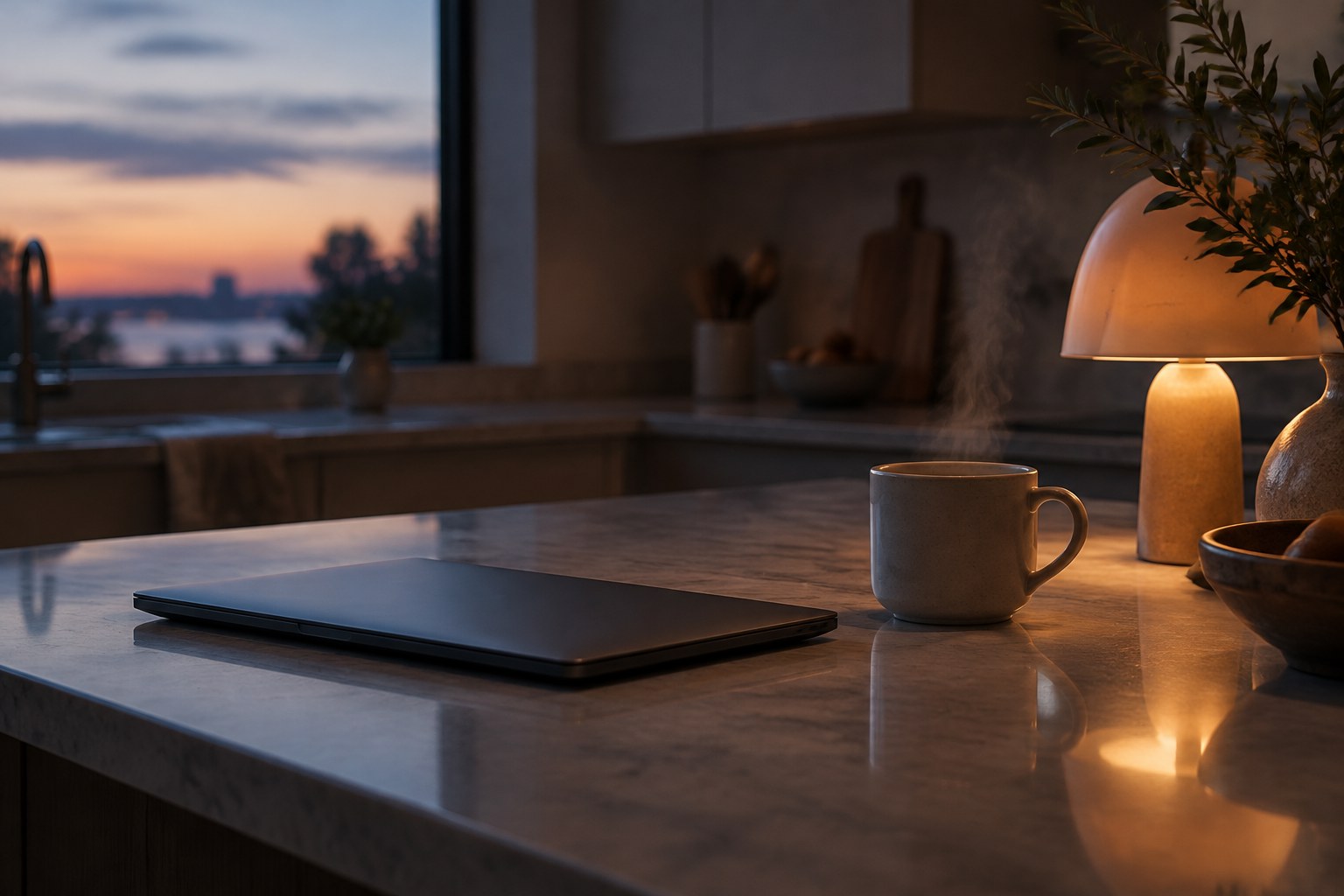 A calm, editorial lifestyle photograph of a laptop closed on a kitchen counter at dusk, beside a steaming mug and a sing…