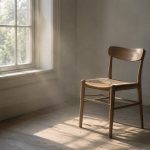 A calm, editorial lifestyle photograph of a single empty wooden chair by a window in soft, warm natural morning light, m…