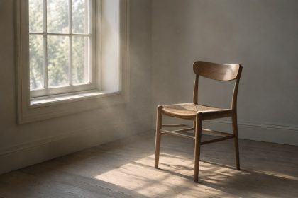 A calm, editorial lifestyle photograph of a single empty wooden chair by a window in soft, warm natural morning light, m…