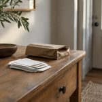 A calm, editorial still-life photograph of a small stack of pale receipts and a folded paper bag resting on a warm woode…