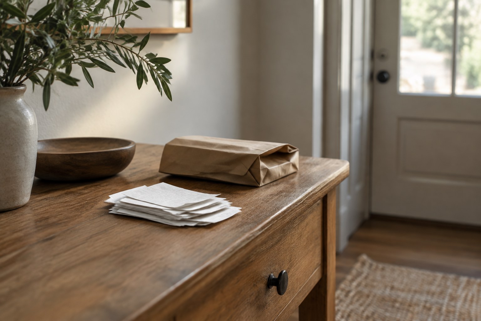 A calm, editorial still-life photograph of a small stack of pale receipts and a folded paper bag resting on a warm woode…