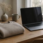 A calm, editorial still-life photograph of a soft knit sweater folded neatly beside a laptop with its screen dimmed, on …