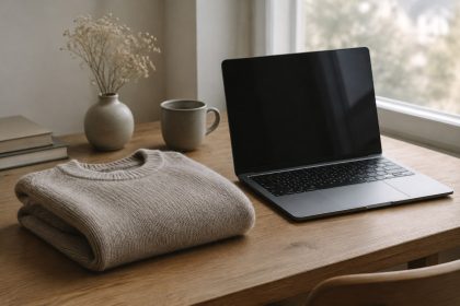 A calm, editorial still-life photograph of a soft knit sweater folded neatly beside a laptop with its screen dimmed, on …