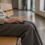 A hand resting on a closed phone on a bench in a quiet, softly lit hallway