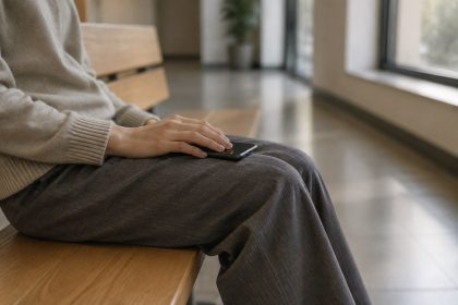 A hand resting on a closed phone on a bench in a quiet, softly lit hallway