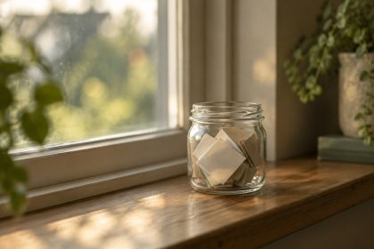A small clear glass jar filled with a few folded slips of paper, sitting alone on a wooden windowsill in soft, warm late…