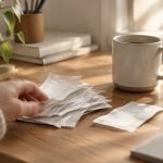 A small stack of paper receipts on a wooden desk in soft morning light