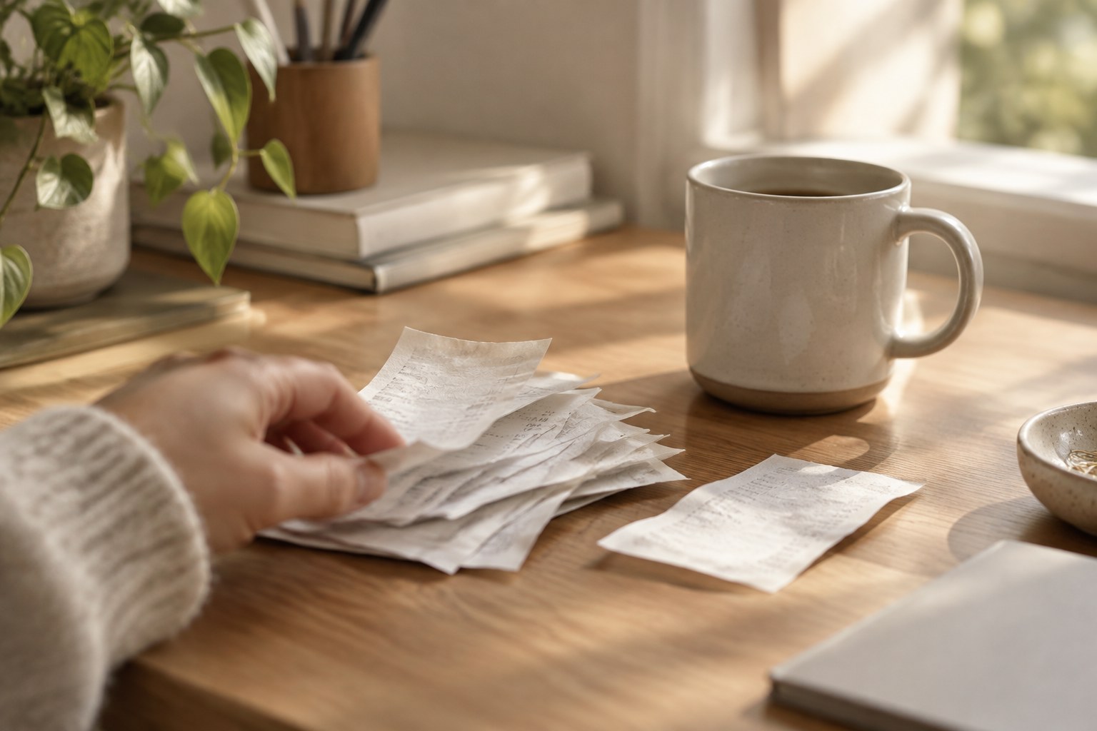 A small stack of paper receipts on a wooden desk in soft morning light