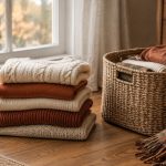 A stack of folded knitwear beside a half-packed storage basket in soft autumn light