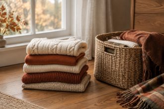 A stack of folded knitwear beside a half-packed storage basket in soft autumn light