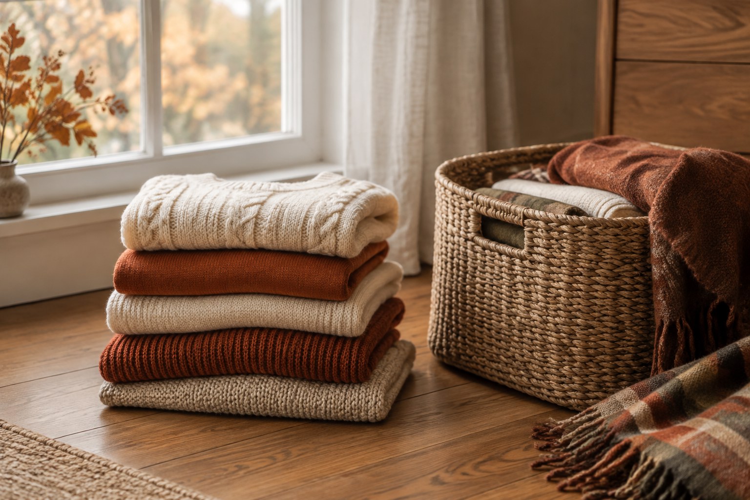 A stack of folded knitwear beside a half-packed storage basket in soft autumn light