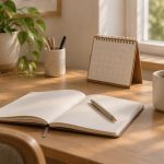 A tidy desk corner with a notebook, calendar, and coffee mug in soft morning light
