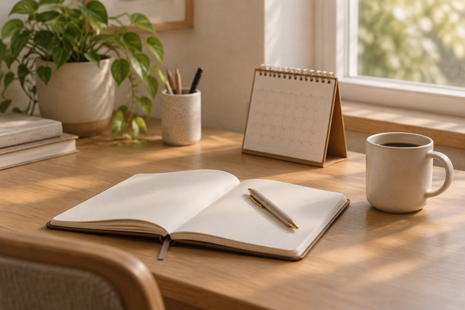 A tidy desk corner with a notebook, calendar, and coffee mug in soft morning light