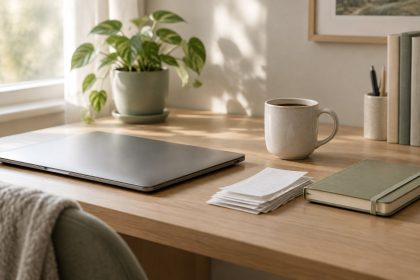 A tidy home desk with a closed laptop, a small stack of receipts, and a coffee mug in soft morning light