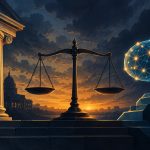 Abstract editorial illustration of a courthouse column and an AI chat-bubble motif balanced on a scale, symbolizing a state lawsuit against an AI company