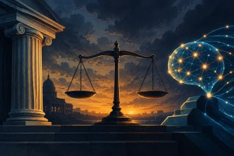 Abstract editorial illustration of a courthouse column and an AI chat-bubble motif balanced on a scale, symbolizing a state lawsuit against an AI company