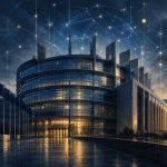 Abstract editorial illustration of a European institutional building beneath faint network patterns, symbolising EU regulatory scrutiny of AI systems