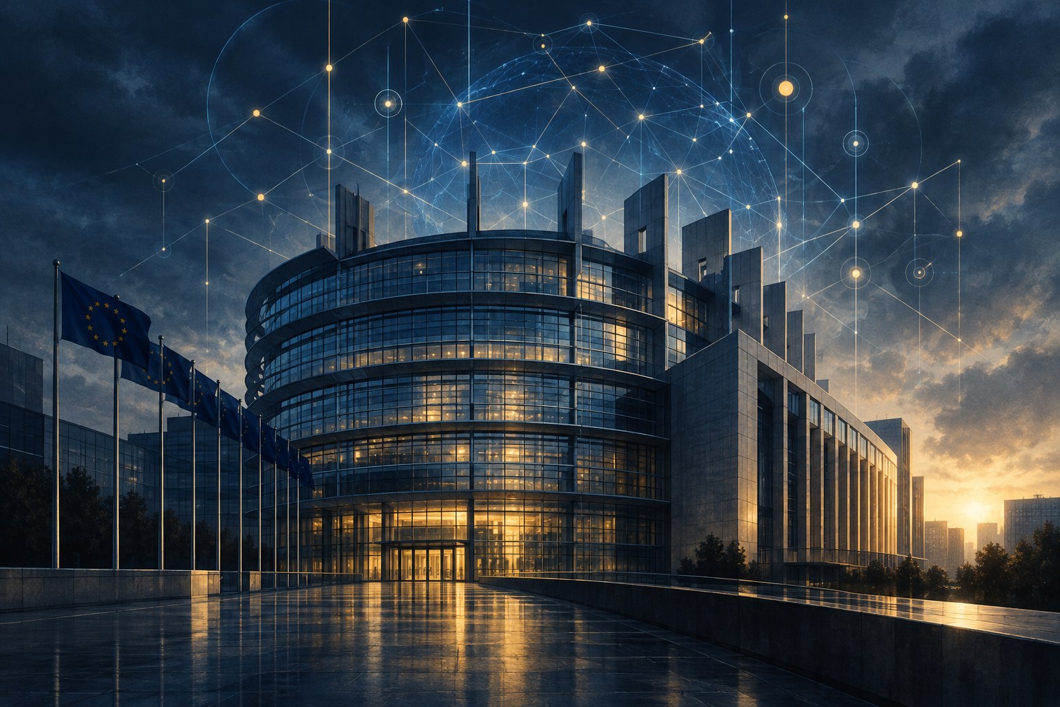 Abstract editorial illustration of a European institutional building beneath faint network patterns, symbolising EU regulatory scrutiny of AI systems