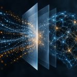 Abstract editorial illustration of a glowing data lattice filtered behind translucent defensive panels, symbolising AI model security defenses against unauthorized data extraction