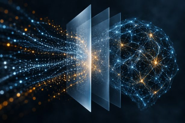 Abstract editorial illustration of a glowing data lattice filtered behind translucent defensive panels, symbolising AI model security defenses against unauthorized data extraction