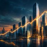Abstract editorial illustration of a rising stock chart line against a dusk skyline, symbolising Anthropic's IPO filing
