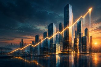 Abstract editorial illustration of a rising stock chart line against a dusk skyline, symbolising Anthropic's IPO filing