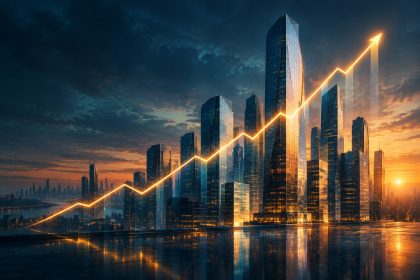 Abstract editorial illustration of a rising stock chart line against a dusk skyline, symbolising Anthropic's IPO filing