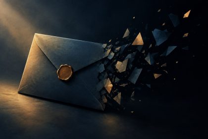 Abstract editorial illustration of a sealed document dissolving into fragments, symbolising confidential information and institutional opacity