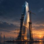 Abstract editorial illustration of a vast glass tower under scaffolding against a dusk skyline, symbolising a sovereign-fund-backed mega-valuation still under construction