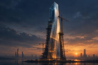 Abstract editorial illustration of a vast glass tower under scaffolding against a dusk skyline, symbolising a sovereign-fund-backed mega-valuation still under construction