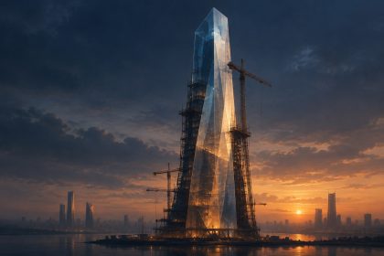 Abstract editorial illustration of a vast glass tower under scaffolding against a dusk skyline, symbolising a sovereign-fund-backed mega-valuation still under construction