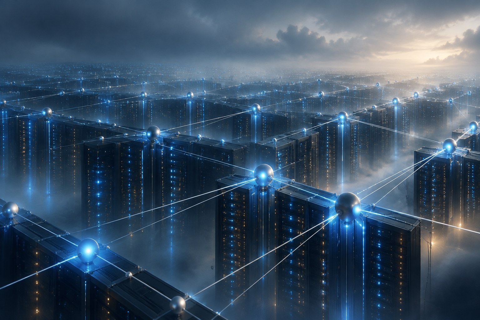 Abstract editorial illustration of a vast interconnected neural network structure in cool blue and silver tones, representing a large-scale AI foundation model