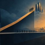 Abstract editorial illustration of a widening gap between rising tech-sector profits and a flat line representing the rest of the economy, symbolising the debate over whether AI spending is paying off outside Big Tech