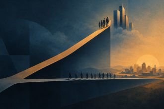 Abstract editorial illustration of a widening gap between rising tech-sector profits and a flat line representing the rest of the economy, symbolising the debate over whether AI spending is paying off outside Big Tech