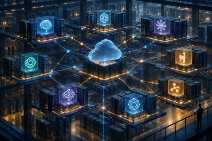 Abstract editorial illustration of interconnected server towers representing multiple AI model providers hosted on one cloud platform