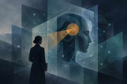 Abstract editorial illustration of interlocking translucent panels and data nodes in cool blues and greys, suggesting regulatory oversight of autonomous AI systems, no text or logos