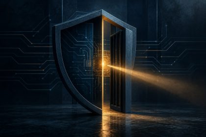 Abstract editorial illustration of layered digital shield and circuit patterns in a restrained blue and amber palette, symbolising a restricted-access AI cybersecurity rollout