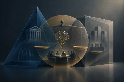 Abstract editorial illustration of overlapping geometric frameworks symbolising competing efforts to govern frontier AI companies