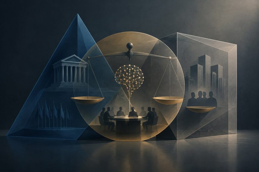 Abstract editorial illustration of overlapping geometric frameworks symbolising competing efforts to govern frontier AI companies