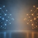 Abstract editorial illustration of two glowing geometric network lattices facing each other, symbolising competing open-weight AI models