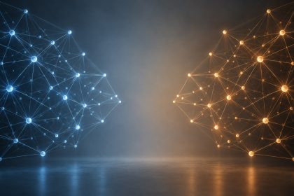 Abstract editorial illustration of two glowing geometric network lattices facing each other, symbolising competing open-weight AI models
