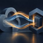 Abstract editorial illustration of two interlocking geometric structures connected by flowing light, representing the financial ties between a cloud platform and an AI company