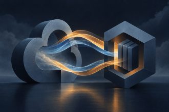 Abstract editorial illustration of two interlocking geometric structures connected by flowing light, representing the financial ties between a cloud platform and an AI company