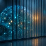Abstract illustration of a glowing neural network partly obscured behind a translucent restricted-access barrier, representing a gated AI model release