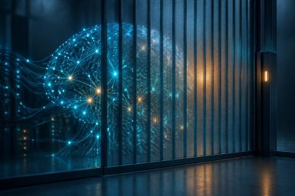 Abstract illustration of a glowing neural network partly obscured behind a translucent restricted-access barrier, representing a gated AI model release