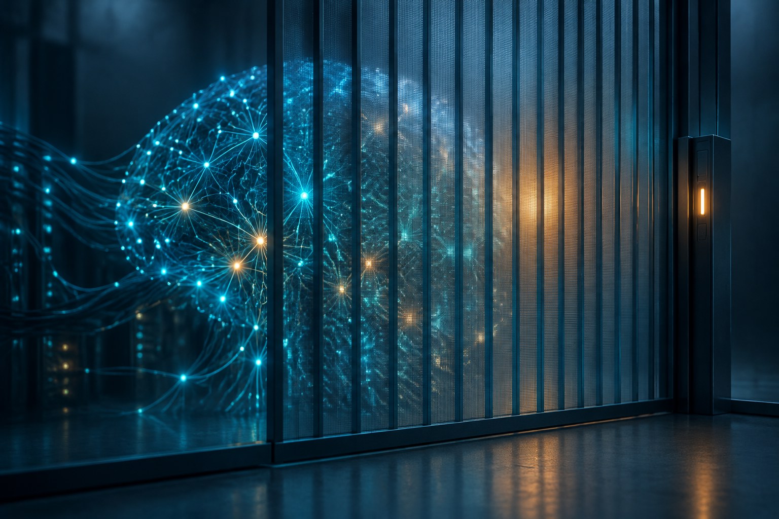 Abstract illustration of a glowing neural network partly obscured behind a translucent restricted-access barrier, representing a gated AI model release